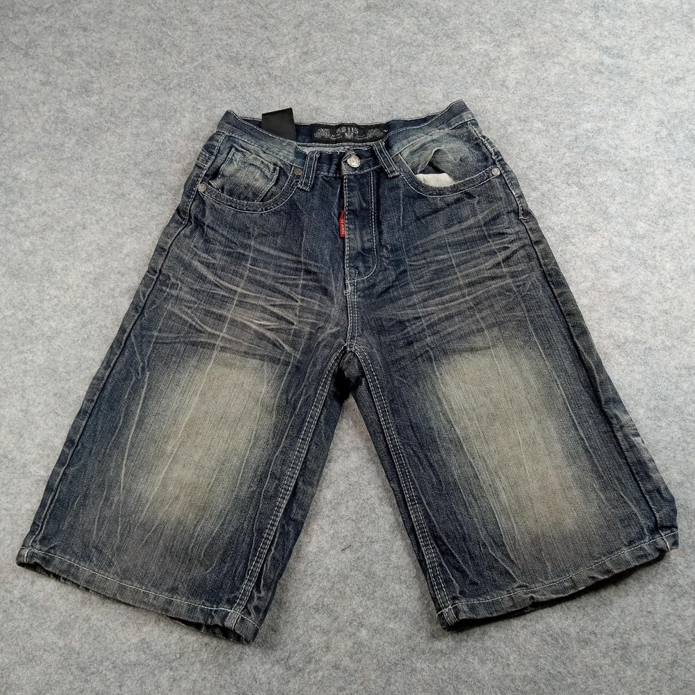 GS115 Shorts Youth 8 Blue Denim Long Baggy Studded Pockets Distressed Y2K Washed